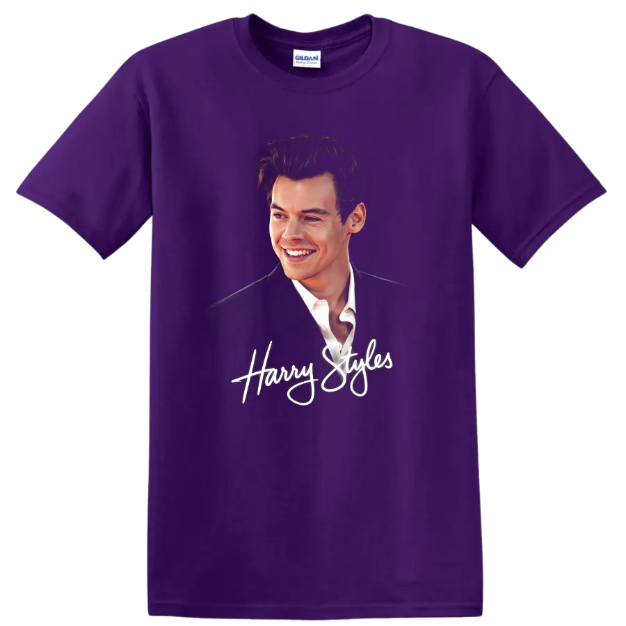 Harry Styles watercolor-style portrait with white script lettering on a Purple T Shirt