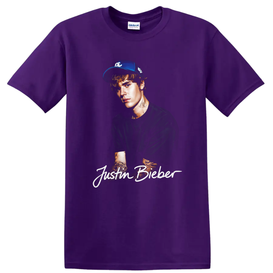 Justin Bieber portrait fan-art sketch with script lettering on a Purple T Shirt