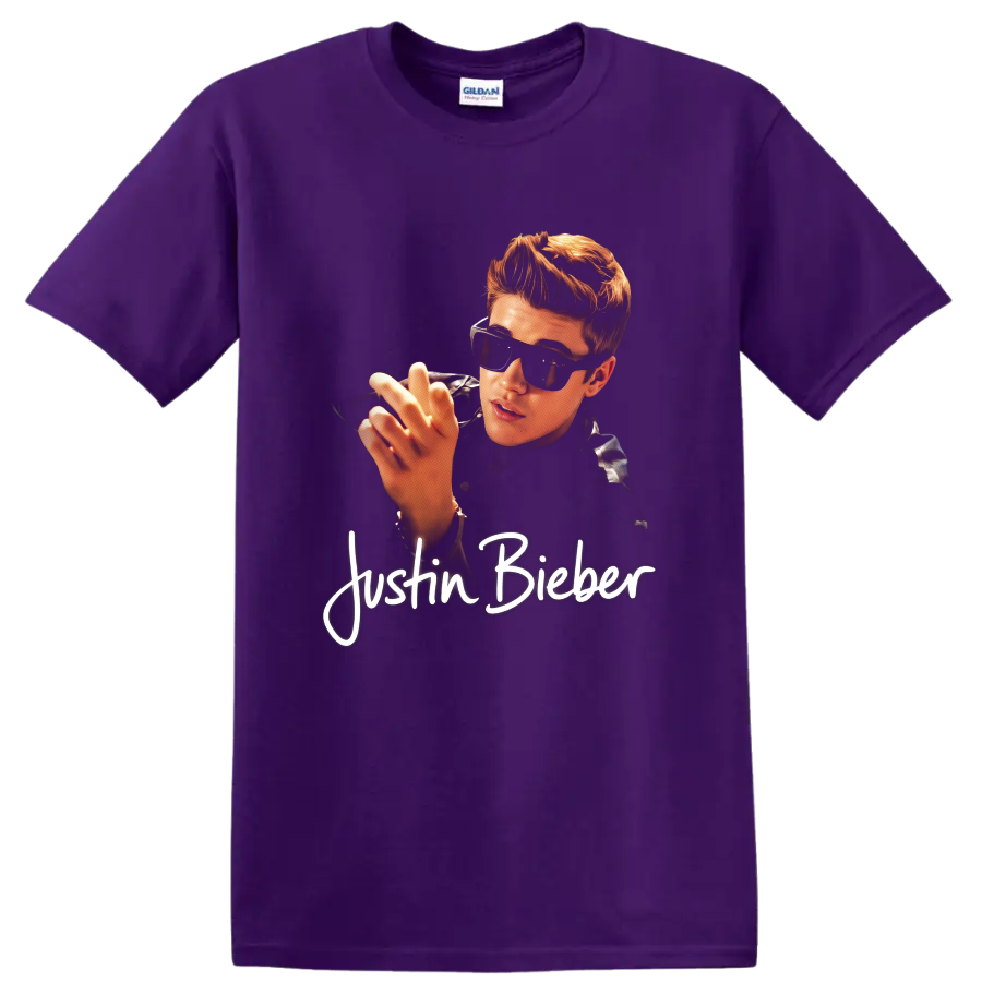 Justin Bieber portrait graphic with sunglasses and white script text on a Purple T Shirt