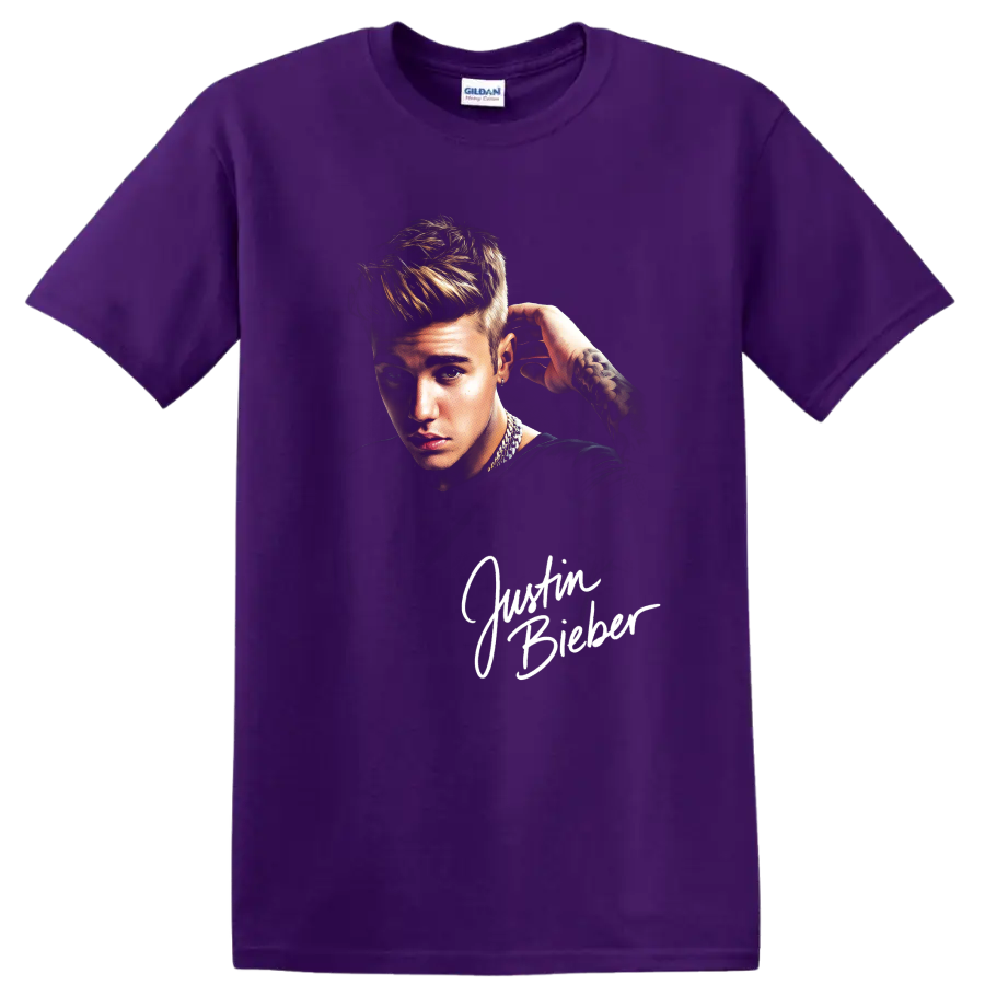 Justin Bieber portrait in pencil-drawing fan-art style on a Purple T Shirt