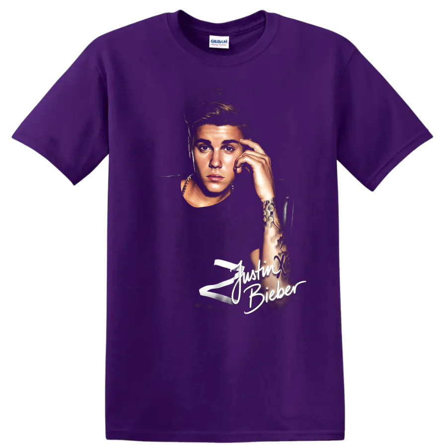 Justin Bieber portrait graphic with white signature-style text on a Purple T Shirt