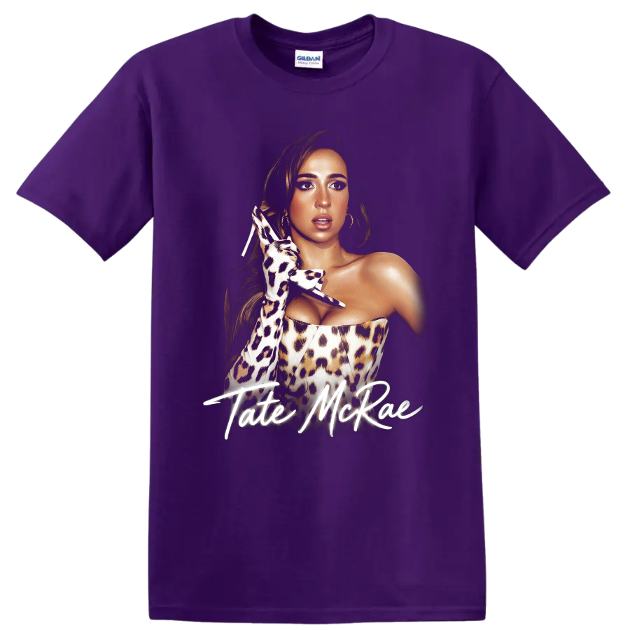 Tate McRae leopard-print pop artist portrait with handwritten name on a Purple T Shirt