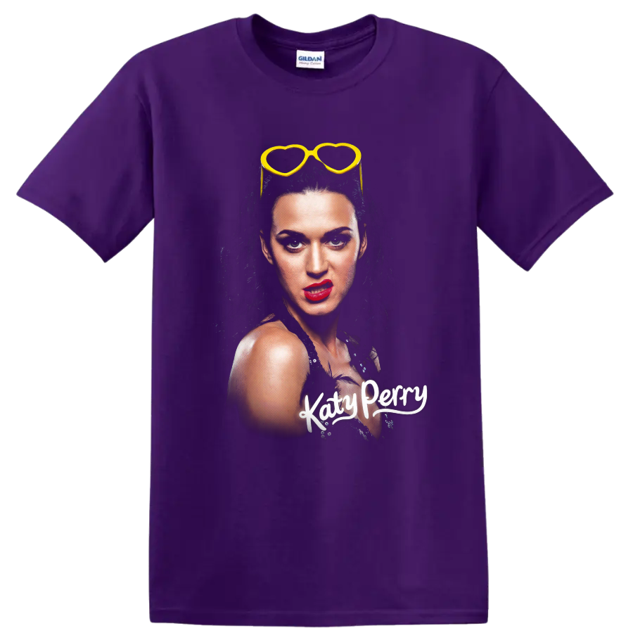 Katy Perry portrait graphic with yellow heart-shaped sunglasses on a Purple T Shirt