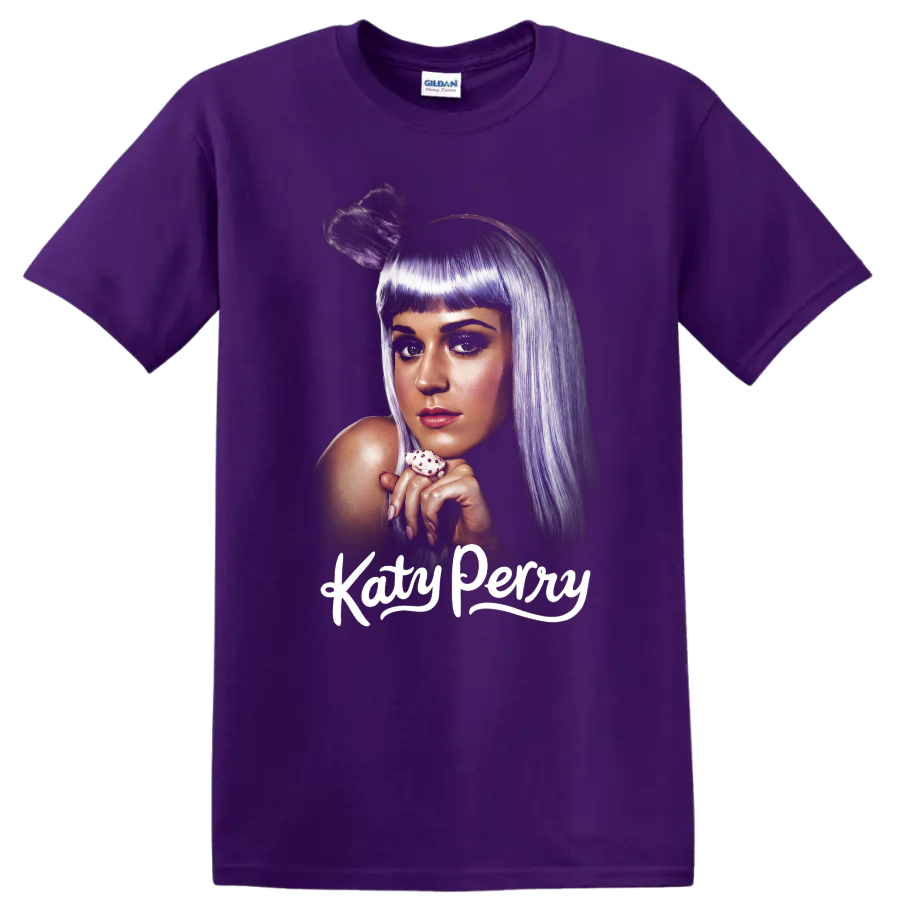 Stylized Katy Perry portrait with purple hair and white Katy Perry text on a Purple T Shirt