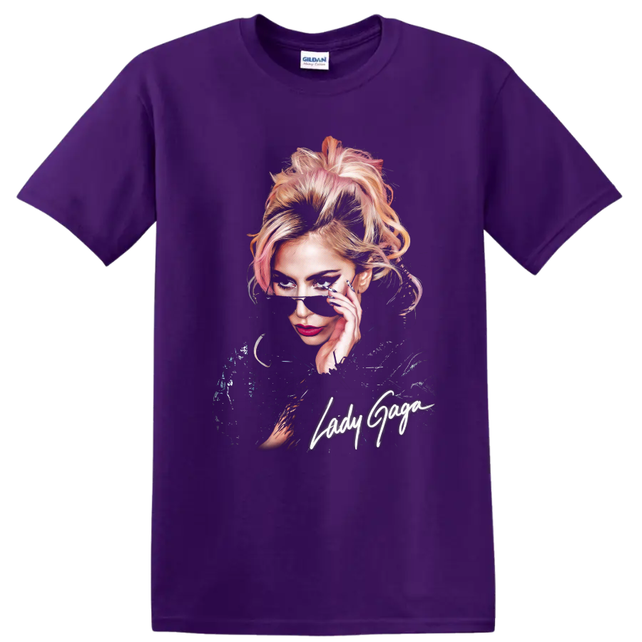 Lady Gaga pop-art portrait with handwritten Lady Gaga lettering on a Purple T Shirt