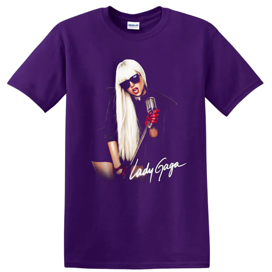 Lady Gaga pop art portrait with microphone, sunglasses, and script text on a Purple T Shirt