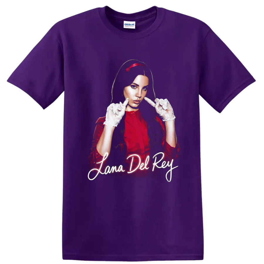 Lana Del Rey digital fan-art portrait with glowing script text on a Purple T Shirt