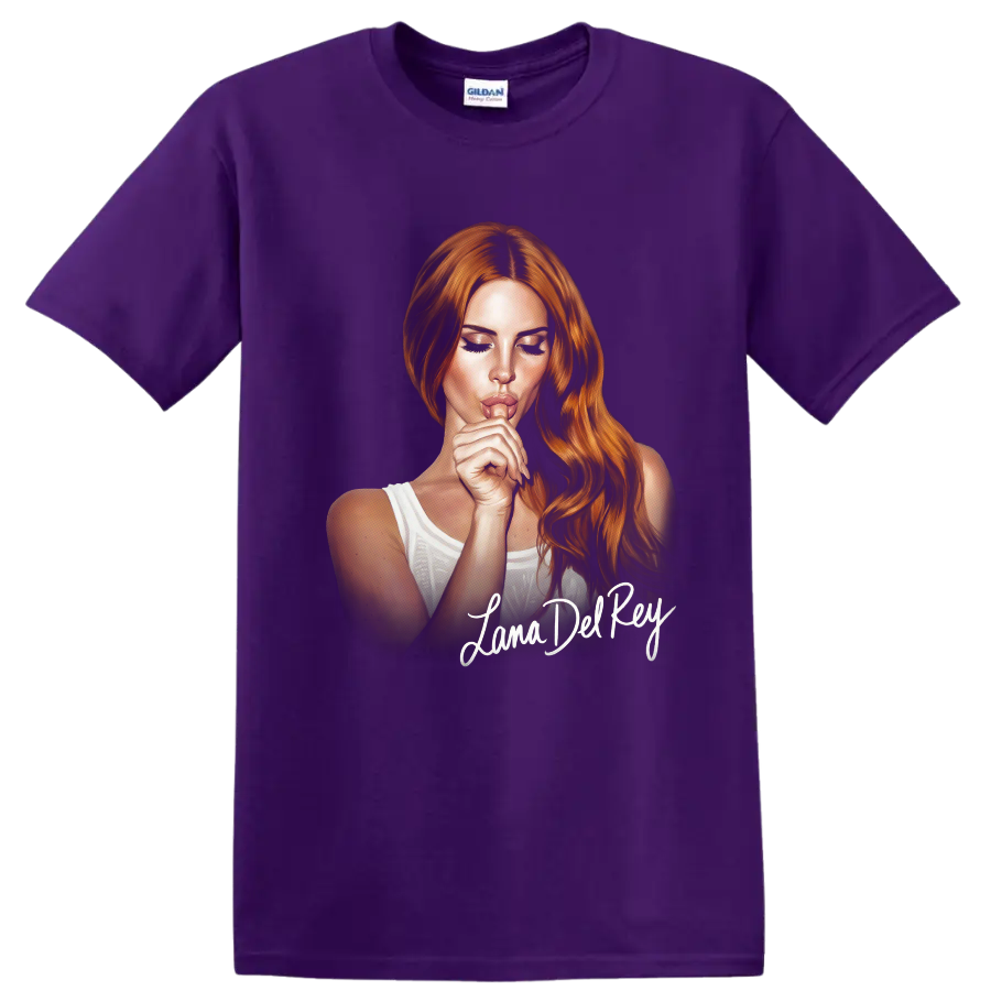 Lana Del Rey digital portrait fan art with white script lettering on a Purple T Shirt