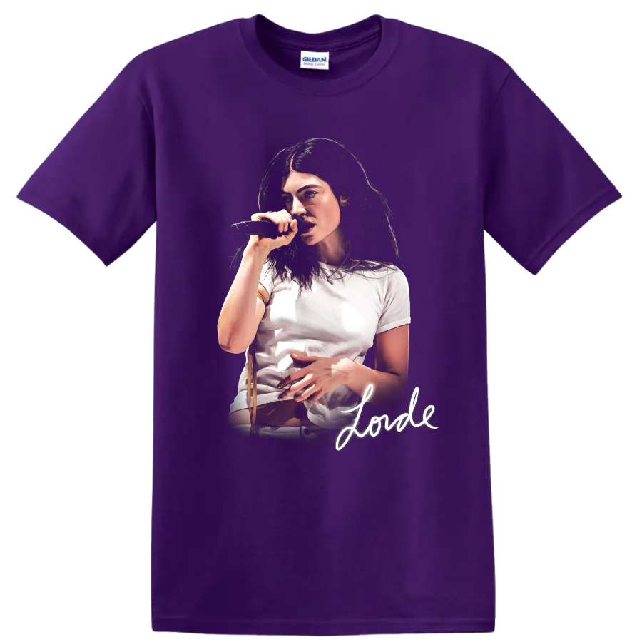 Lorde singer portrait performing with a microphone and signature on a Purple T Shirt