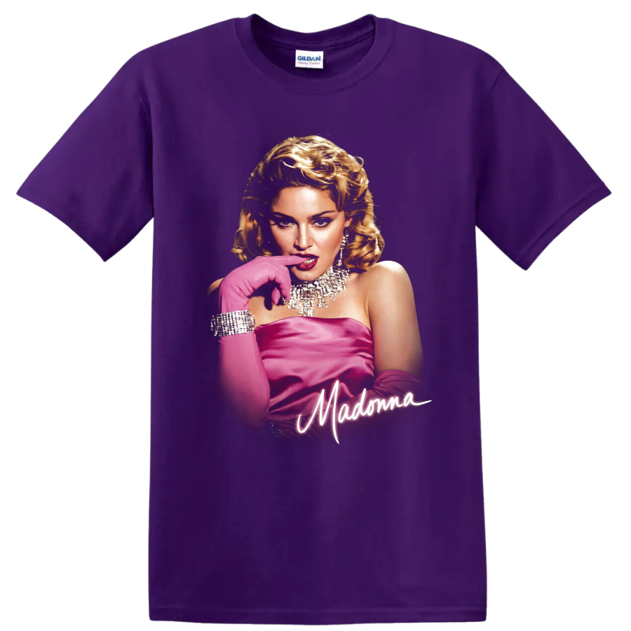 Madonna Material Girl era pink glamour portrait with script lettering on a Purple T Shirt