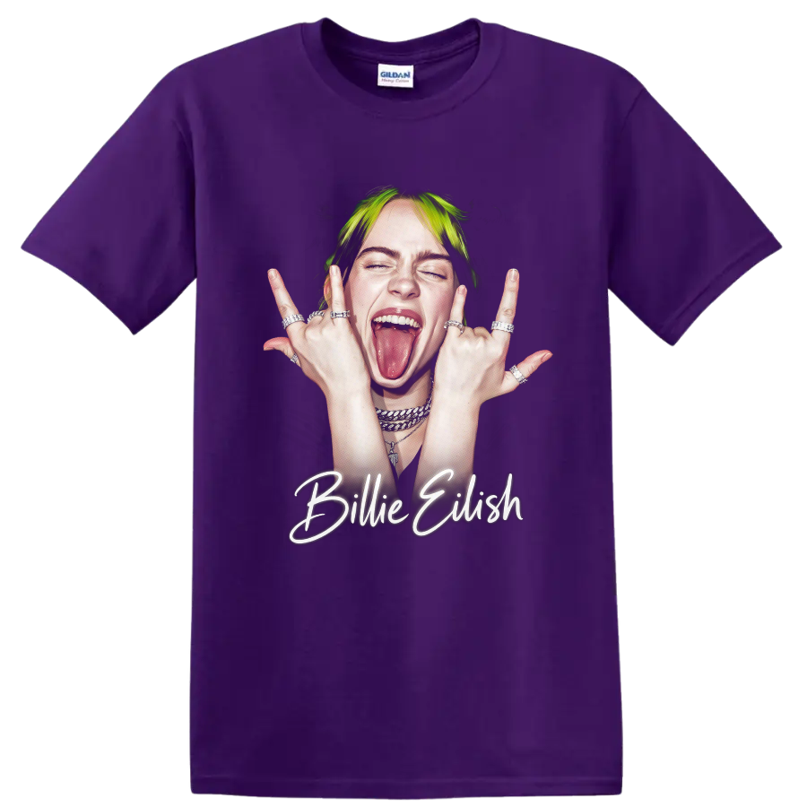 Billie Eilish neon pop art portrait with glowing script lettering on a Purple T Shirt
