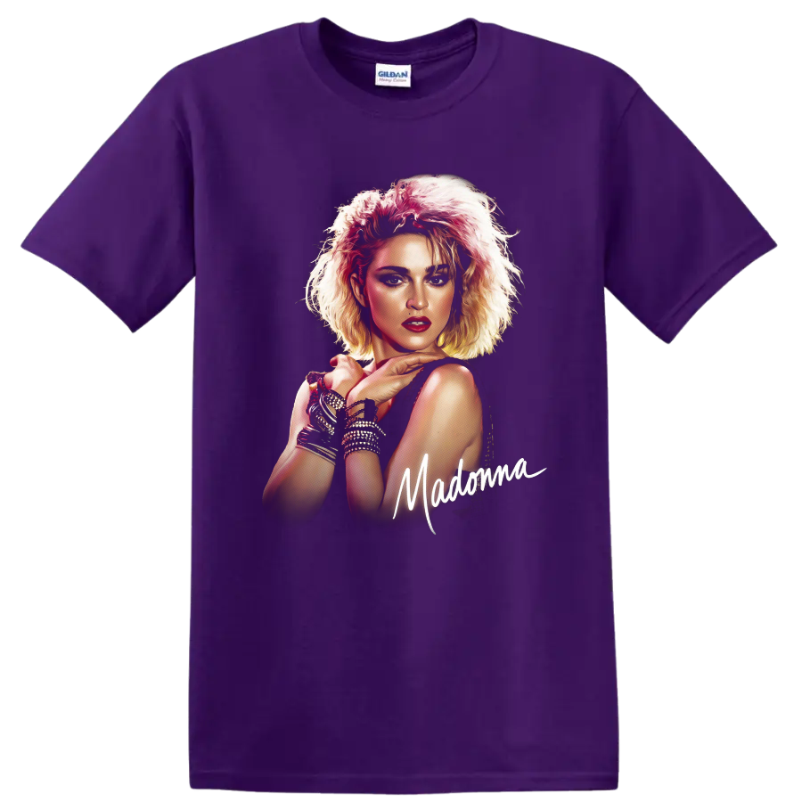 Madonna Like a Virgin pop art portrait with handwritten Madonna lettering on a Purple T Shirt