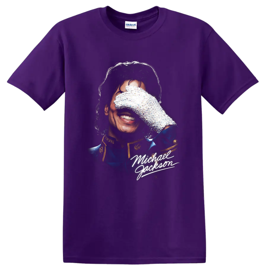 Michael Jackson portrait with signature glove and white script graphic on a Purple T Shirt