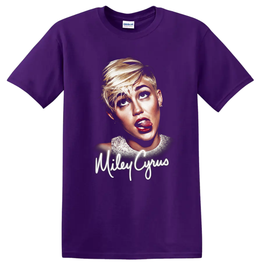 Miley Cyrus Bangerz-era portrait graphic with script name on a Purple T Shirt