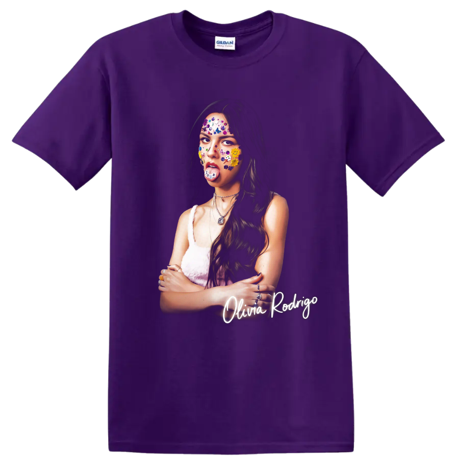 Olivia Rodrigo colorful SOUR-inspired portrait graphic with sticker details on a Purple T Shirt
