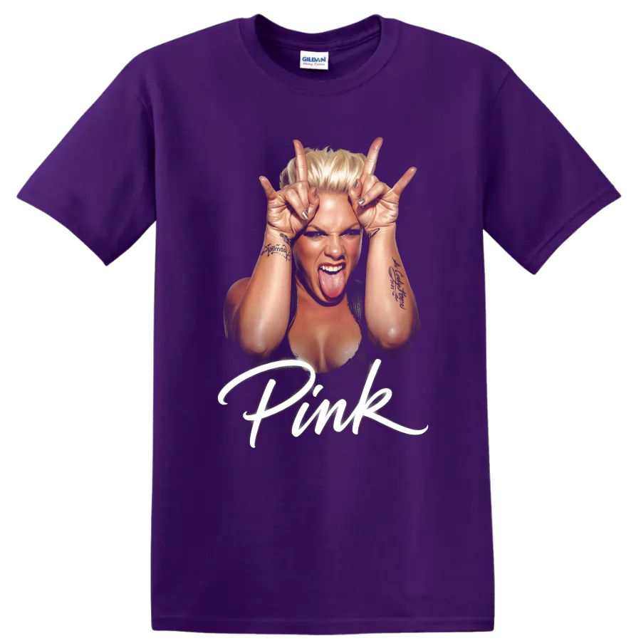 P!nk portrait graphic with raised rock hand gestures and white script on a Purple T Shirt