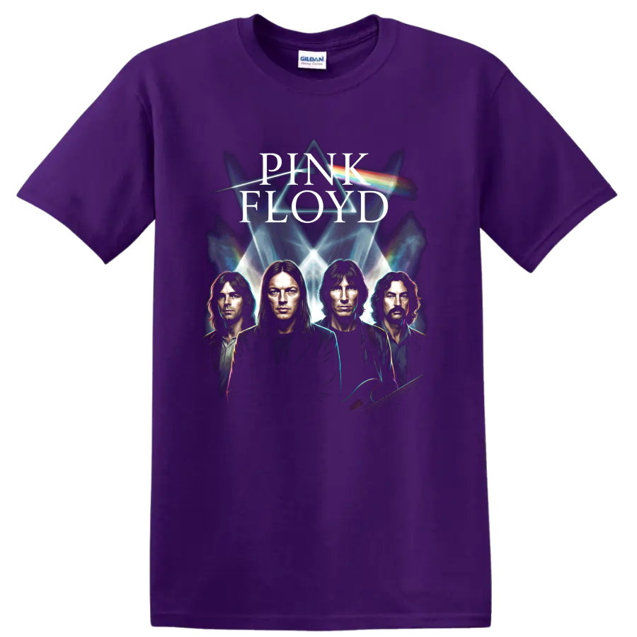 Pink Floyd Dark Side prism graphic with band portraits and rainbow light on a Purple T Shirt