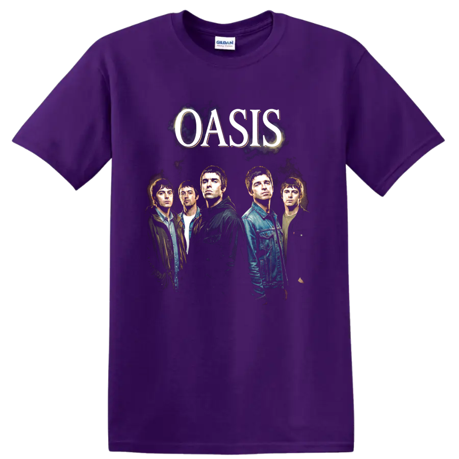 Oasis band portrait with Liam Gallagher and large OASIS lettering on a Purple T Shirt