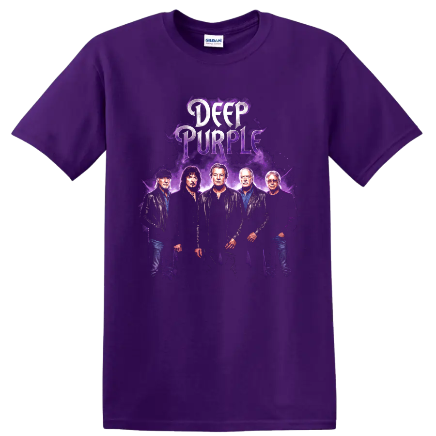 Deep Purple band poster with purple smoke and distressed lettering on a Purple T Shirt