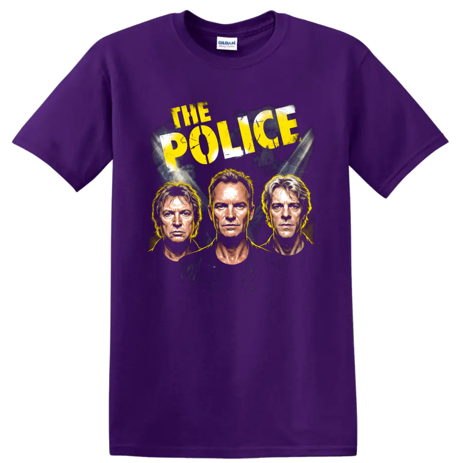 The Police distressed rock portrait graphic with Sting, Summers and Copeland on a Purple T Shirt