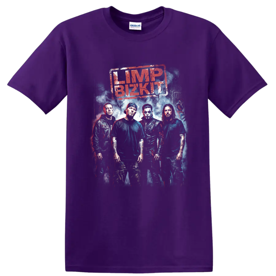 Limp Bizkit band members poster with distressed nu metal graphic lettering on a Purple T Shirt