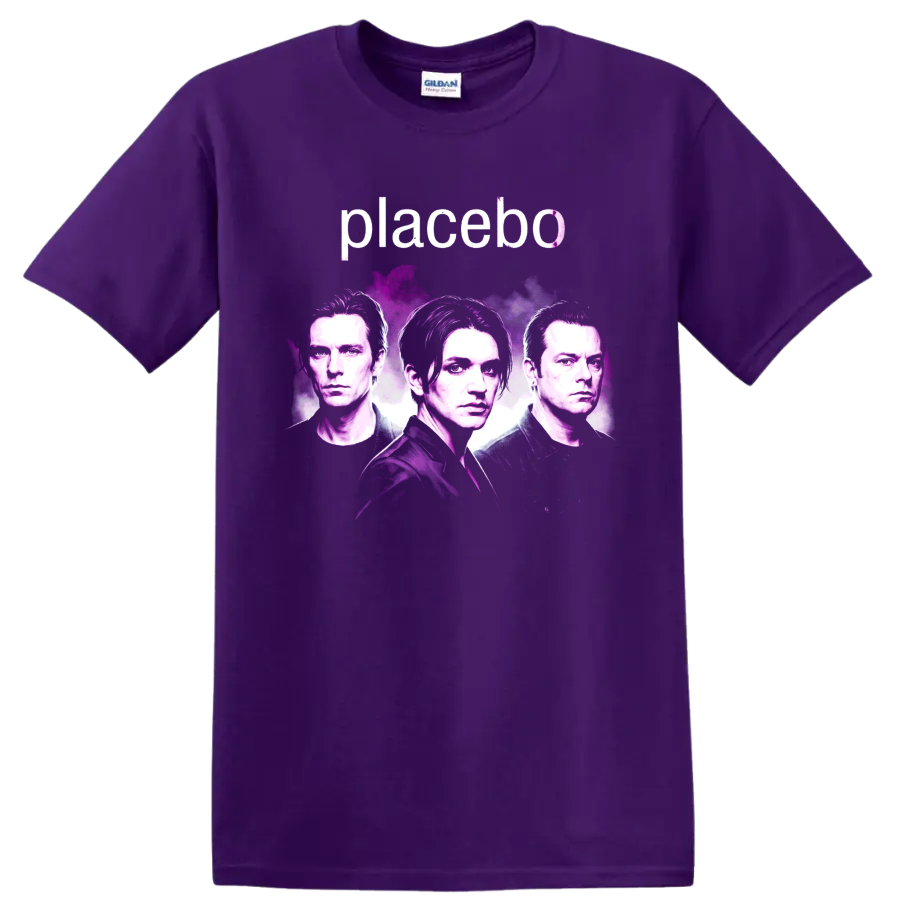 Placebo band portrait graphic with pink and purple paint-splash artwork on a Purple T Shirt