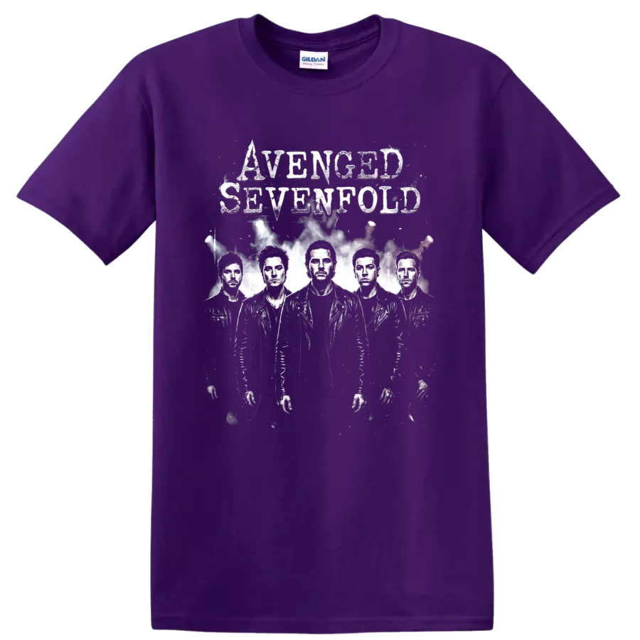 Avenged Sevenfold distressed heavy metal band portrait design on a Purple T Shirt
