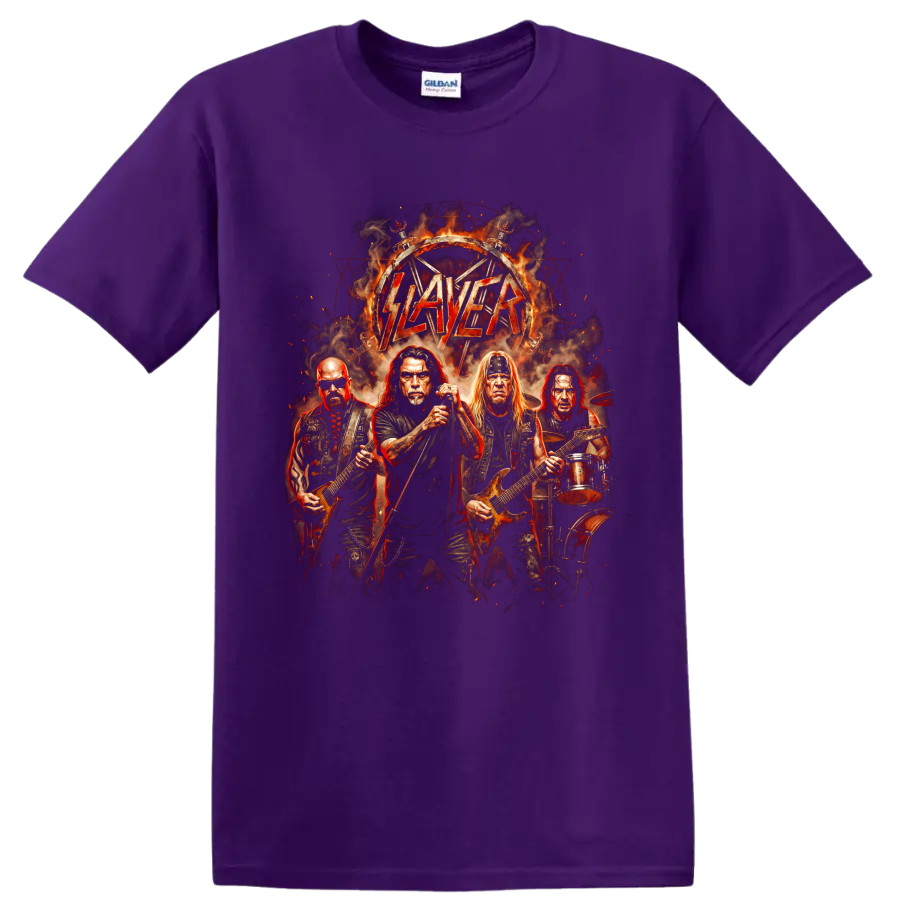 Slayer thrash metal band performing in fiery distressed graphic artwork on a Purple T Shirt