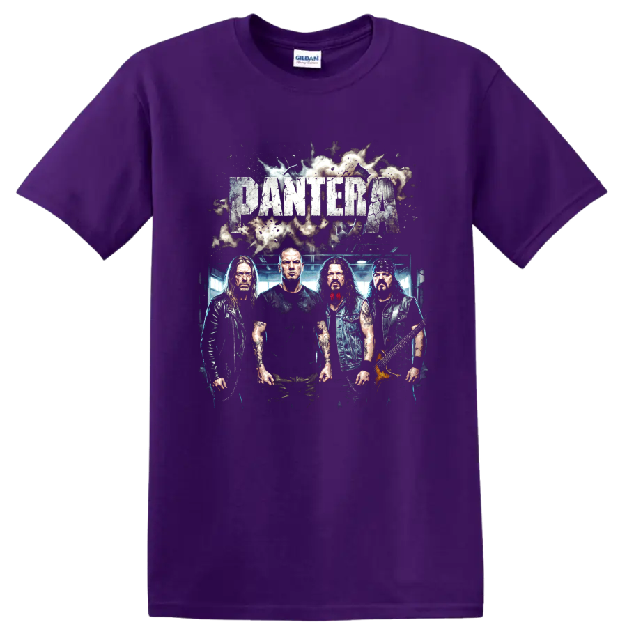 Pantera heavy metal band distressed graphic with four musicians and guitar on a Purple T Shirt