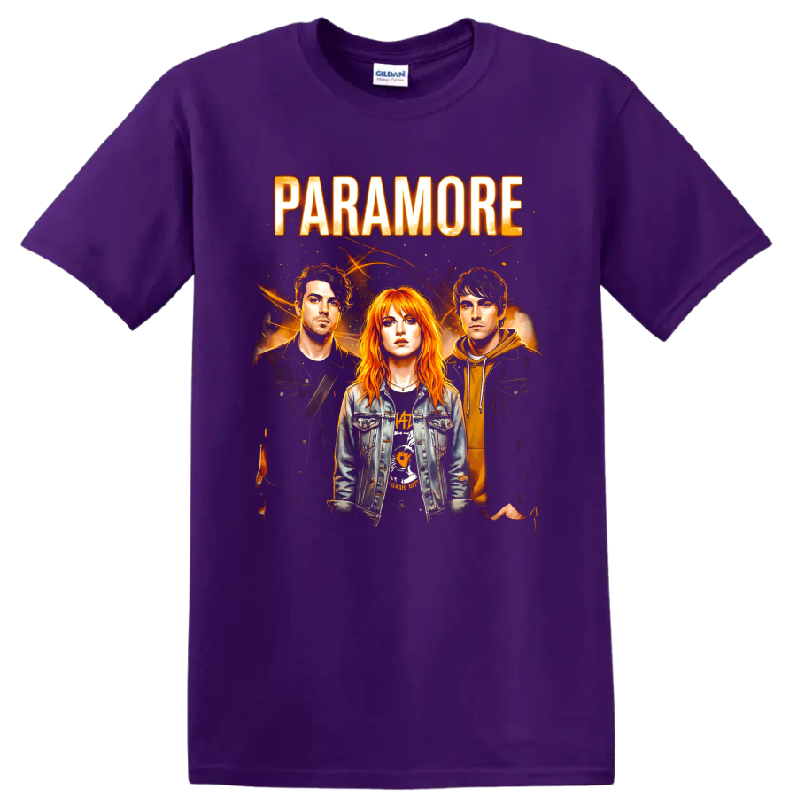 Paramore band portrait graphic with bold lettering and fiery orange concert-poster style on a Purple T Shirt