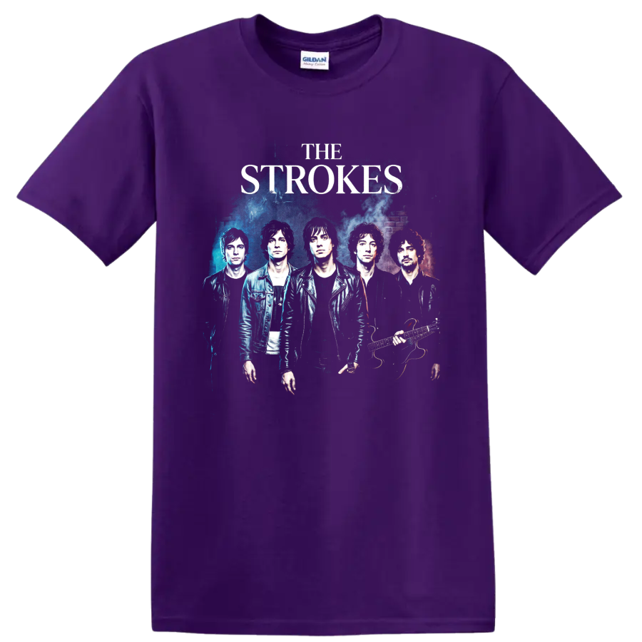 The Strokes distressed indie rock band poster graphic on a Purple T Shirt