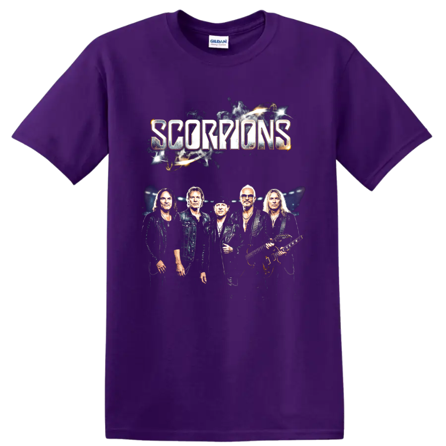 Scorpions band member portrait with guitars and distressed lettering on a Purple T Shirt