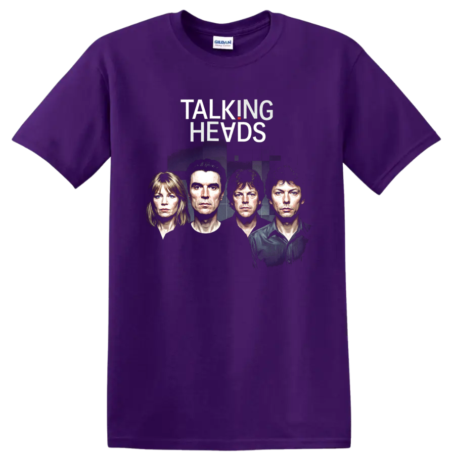 Talking Heads rock poster art with four illustrated portraits on a Purple T Shirt