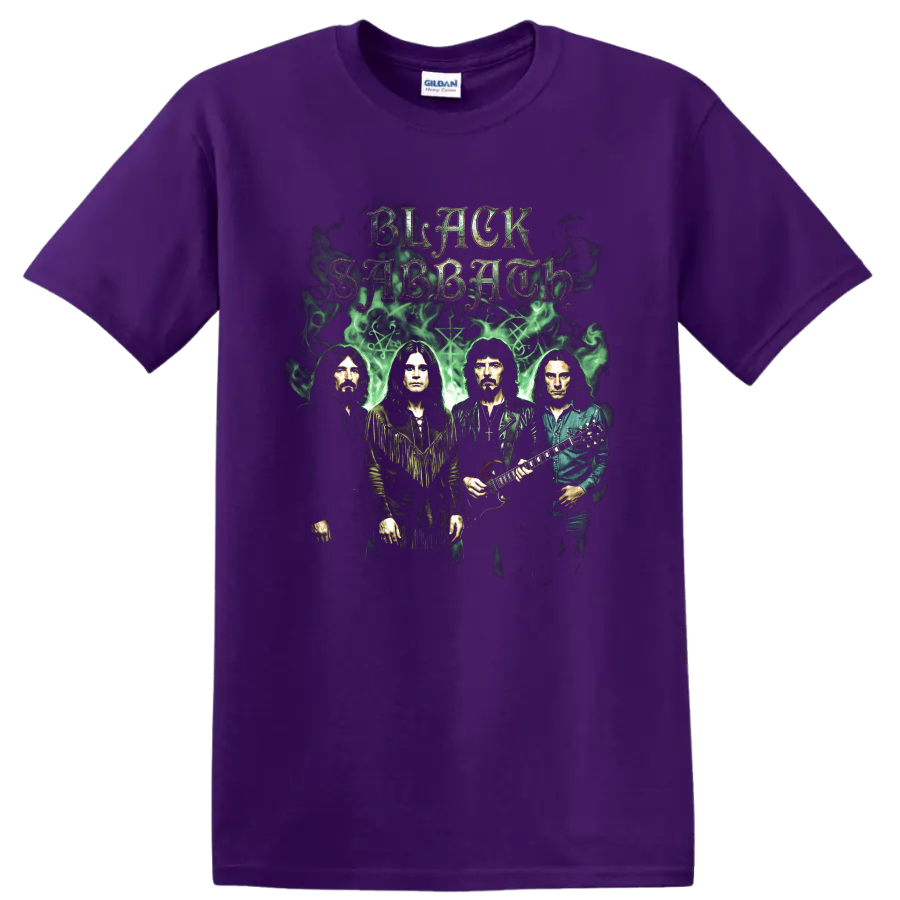 Black Sabbath band portraits with gothic lettering and green smoke on a Purple T Shirt