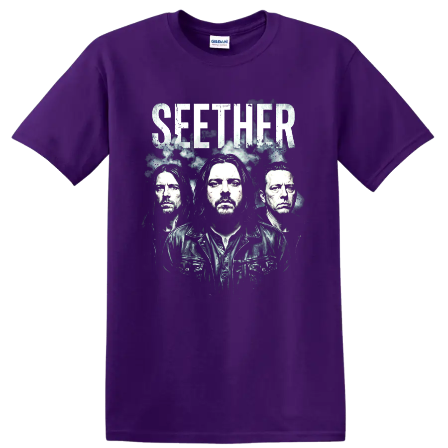 Seether alternative rock band portrait graphic with distressed SEETHER text on a Purple T Shirt