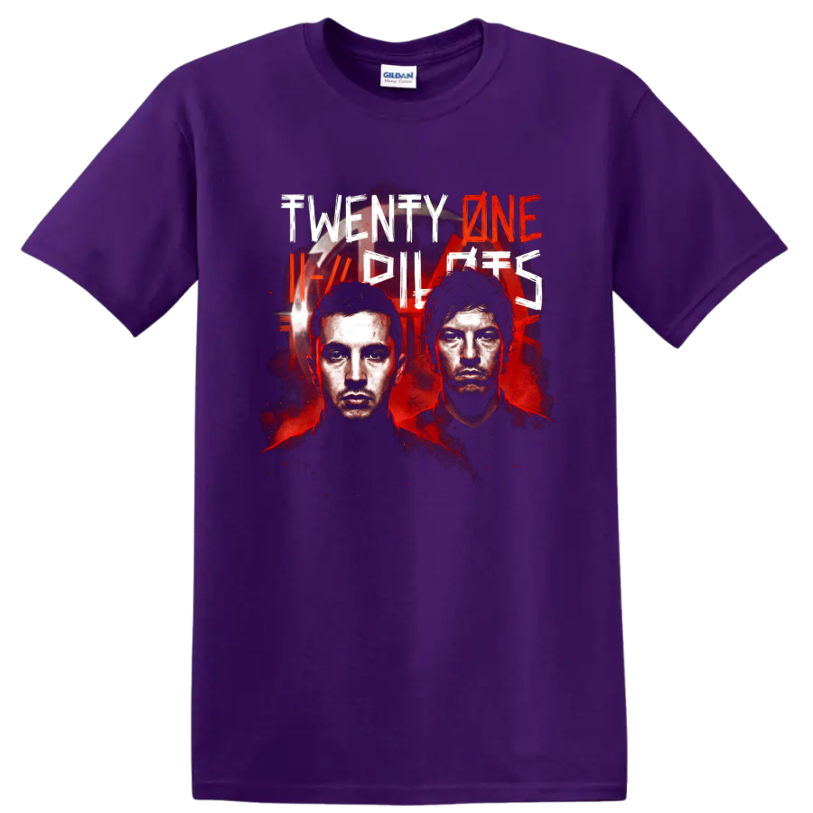 Twenty One Pilots alternative rock poster graphic with two illustrated portraits on a Purple T Shirt