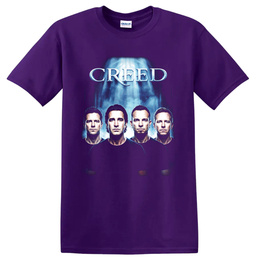 Creed post-grunge band portrait graphic with bold white lettering on a Purple T Shirt