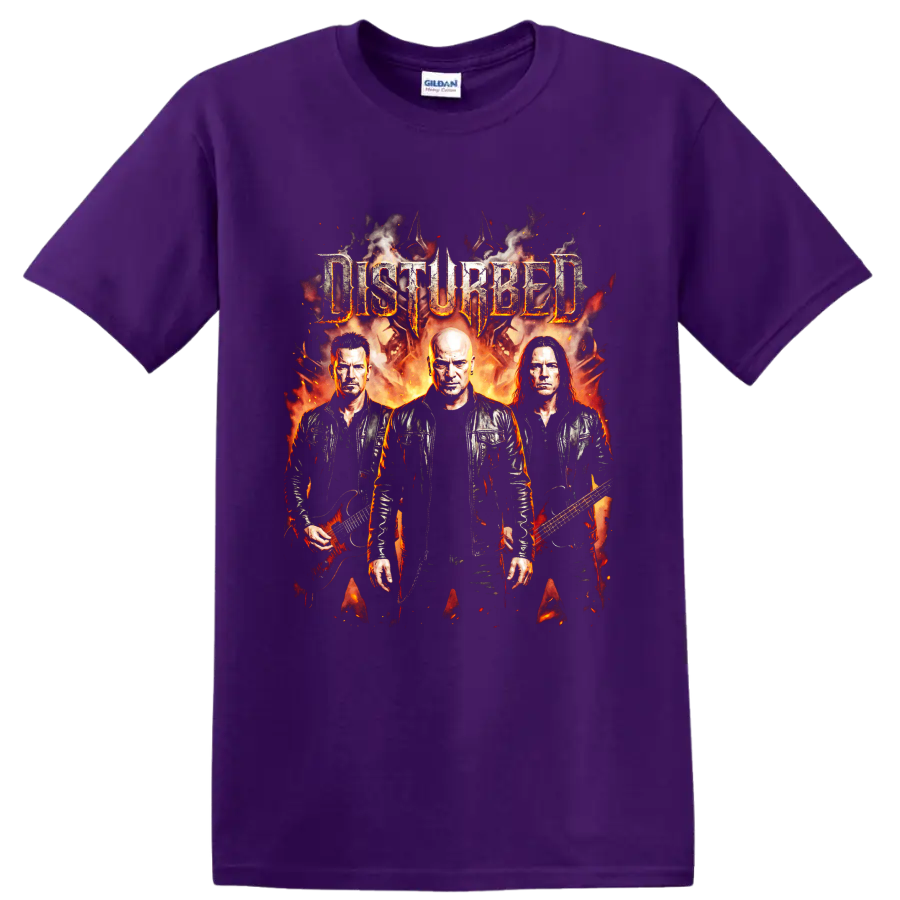 Disturbed Indestructible heavy metal album artwork with band portraits on a Purple T Shirt