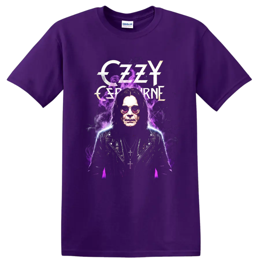 Ozzy Osbourne Black Sabbath portrait with purple smoke and gothic lettering on a Purple T Shirt