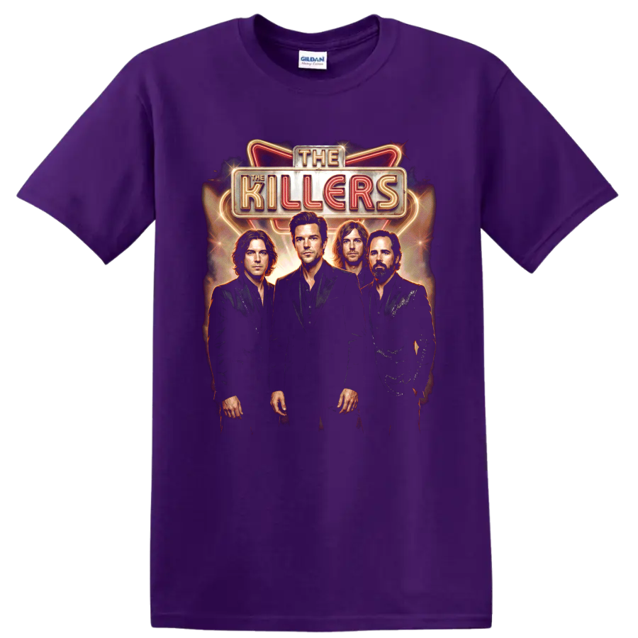 The Killers Battle Born neon marquee band portrait graphic on a Purple T Shirt