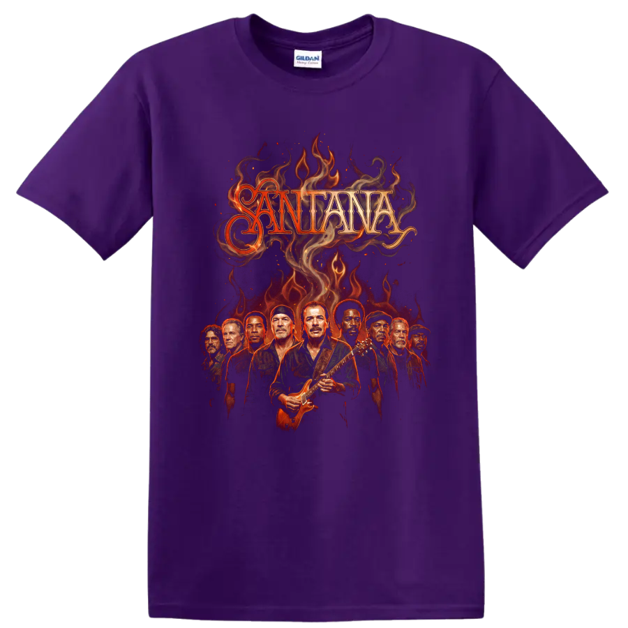 Santana Carlos Santana fiery Latin rock guitar performance graphic on a Purple T Shirt
