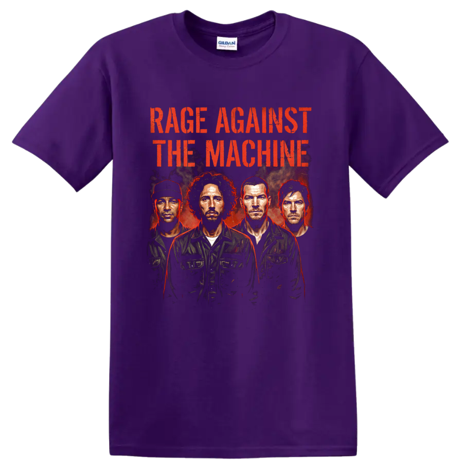 Rage Against the Machine vintage 1999 poster with four portraits and red text on a Purple T Shirt