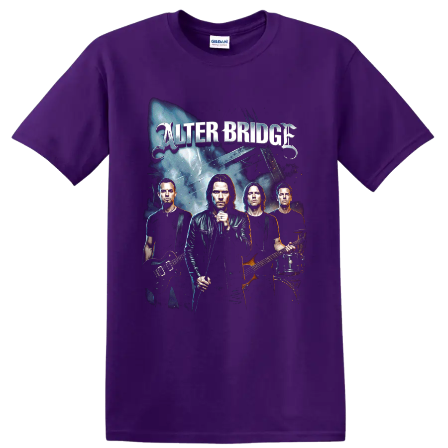 Alter Bridge band portrait rock graphic with vocalist and guitars on a Purple T Shirt
