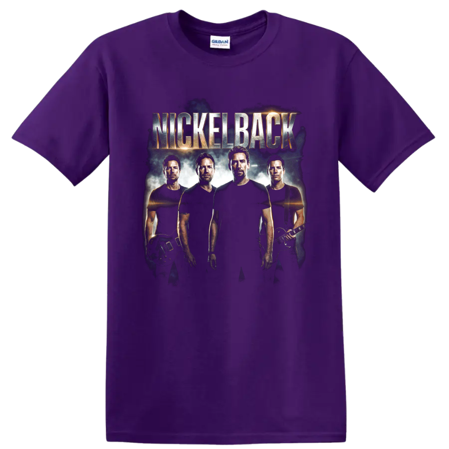 Ryan Peake Nickelback rock band portrait with guitars and NICKELBACK text on a Purple T Shirt