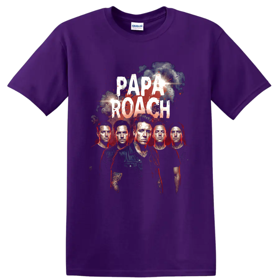 Papa Roach distressed rock band portrait graphic with bold lettering on a Purple T Shirt