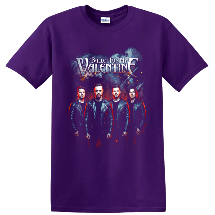 Bullet for My Valentine gothic band portrait with four musicians on a Purple T Shirt