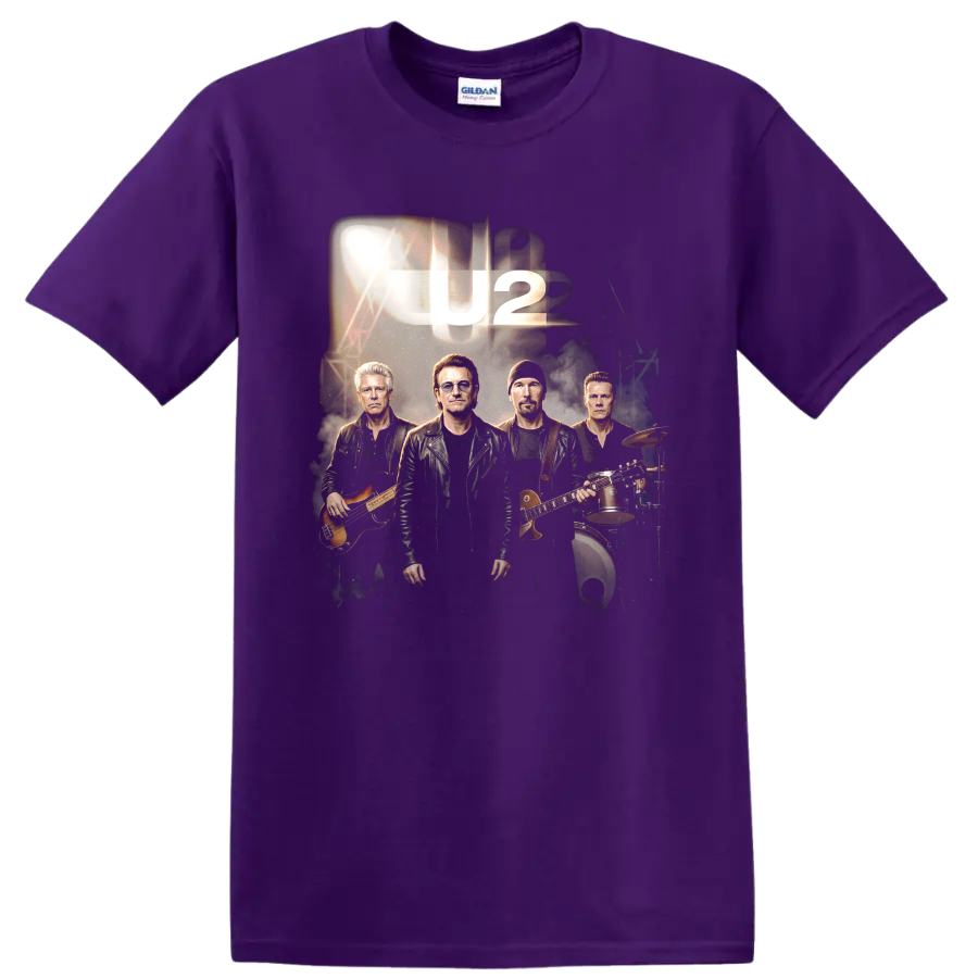 U2 Bono band portrait graphic with guitar, bass, drums, and U2 lettering on a Purple T Shirt