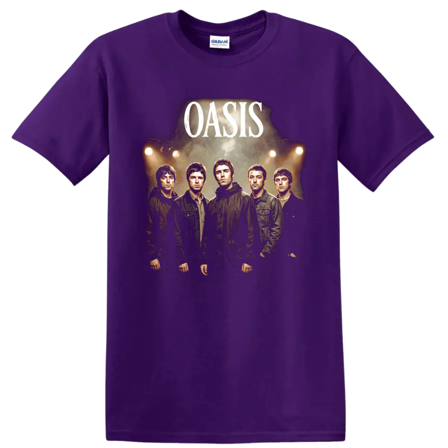 Oasis band portrait graphic with bold Oasis text and concert lighting on a Purple T Shirt