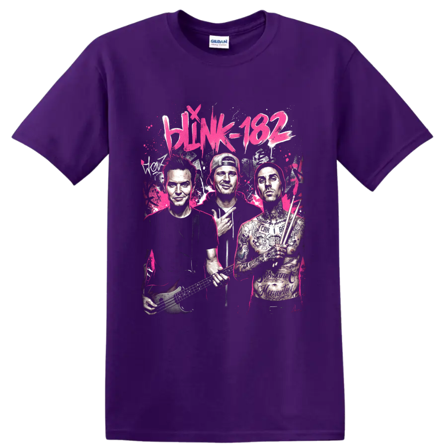 Blink-182 Mark Hoppus, Tom DeLonge and Travis Barker pop art graphic print on a Purple T Shirt