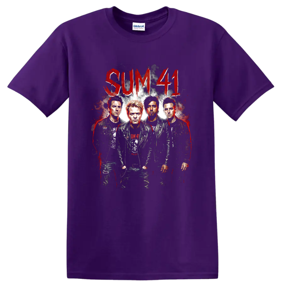 Sum 41 distressed punk rock band portrait with red lettering on a Purple T Shirt